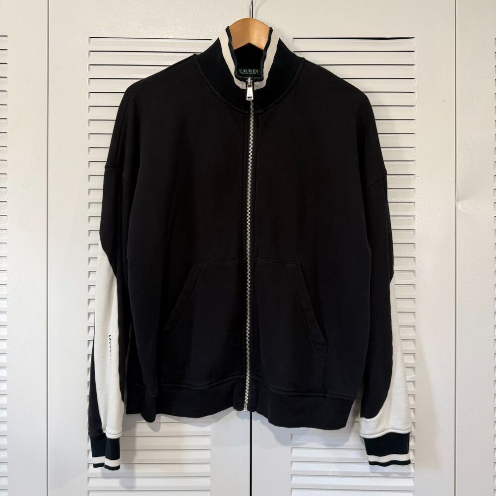 Lauren Ralph Lauren Men’s XL Black White Full Zip Track Jacket Cotton LRL